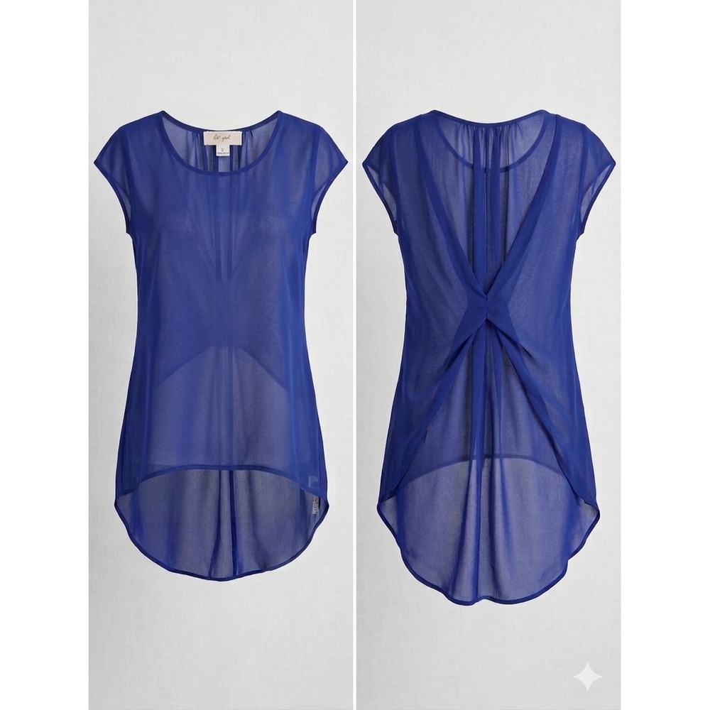 Lost‎ April Blouse Small Royal Blue Sheer Chiffon Shirt Tulip Back High Low EUC